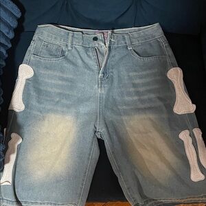 Kapital Blue Jean Shorts with White Accents